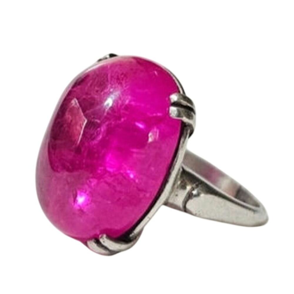 Vintage Sterling Silver Natural Pink Tourmaline Cabochon Solitaire Ring Sz 6